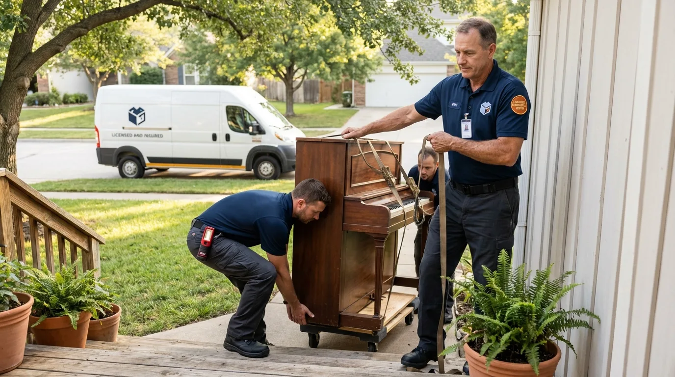 Licensed piano movers securing grand piano in Kershaw, SC