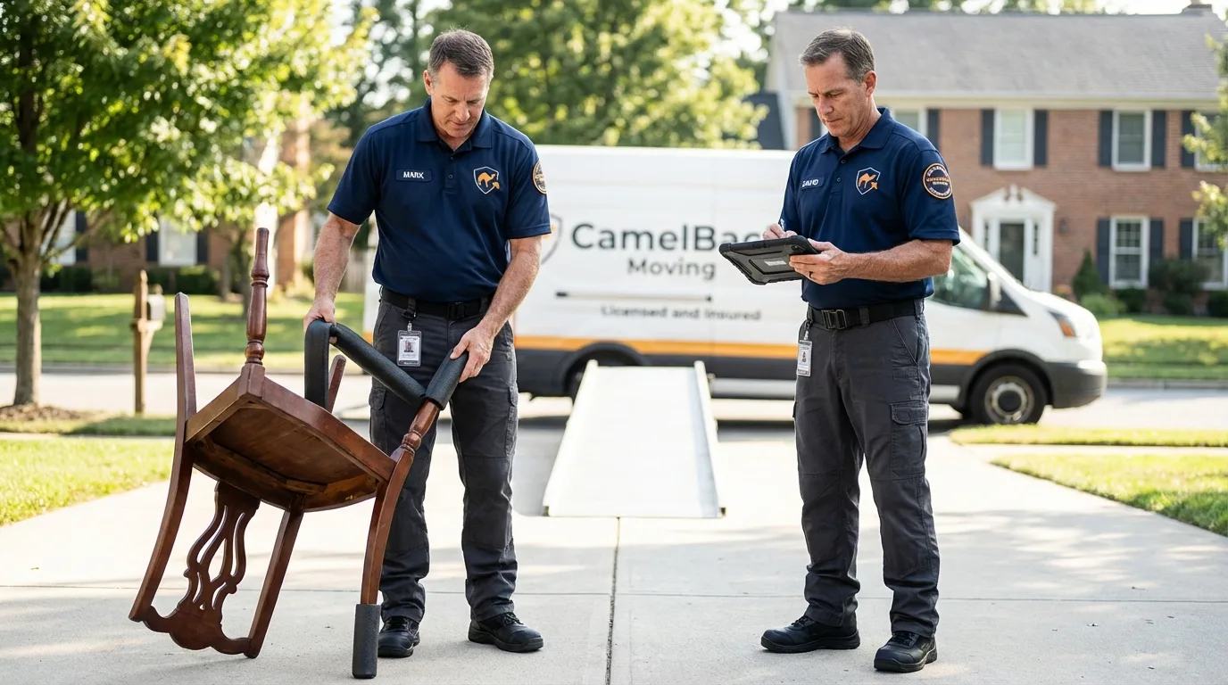 Movers inspecting furniture for damage prevention before loading in Kershaw, SC