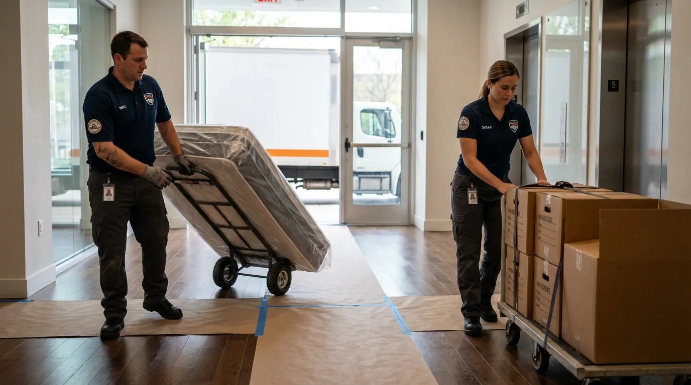 Professional apartment movers loading elevator in Kershaw, SC