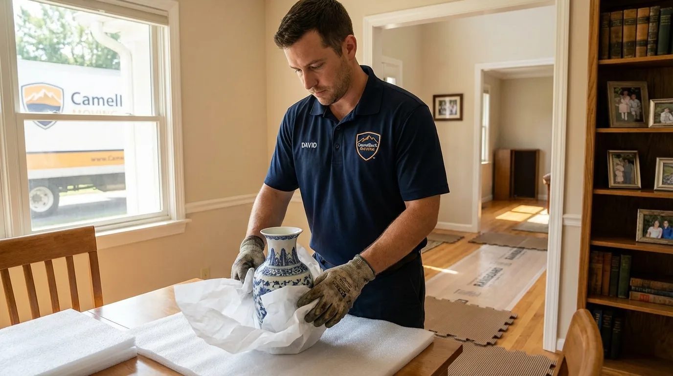 Professional crew carefully wrapping antique vase for senior downsizing move in Kershaw, SC